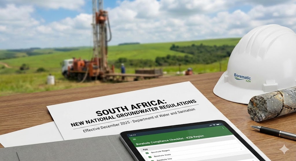 Document detailing the New National Groundwater Regulations (Dec 2025) sitting on a desk next to a Borematic KZN branded hard hat and a tablet displaying a KZN borehole compliance checklist. A borehole drilling rig is visible in the background landscape.